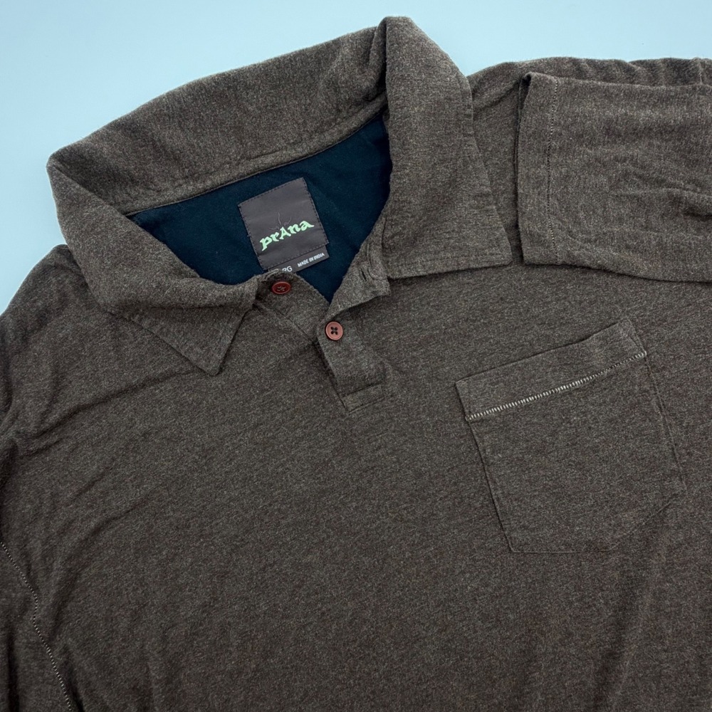 Prana Breathe Mens XL Long Sleeve Polo Shirt Brown Rayon Spandex Chest Pocket